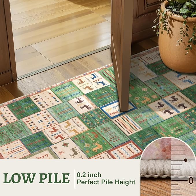 Tangsoo Washable Runner Rug Non Slip, 2x5 Vintage Runner Rug for Hallway, Soft Low Pile Tribal Carpet 2x5 Rug Runners for Kitchen Bathroom Laundry Bedroom Entrance Bedside (Green Beige)