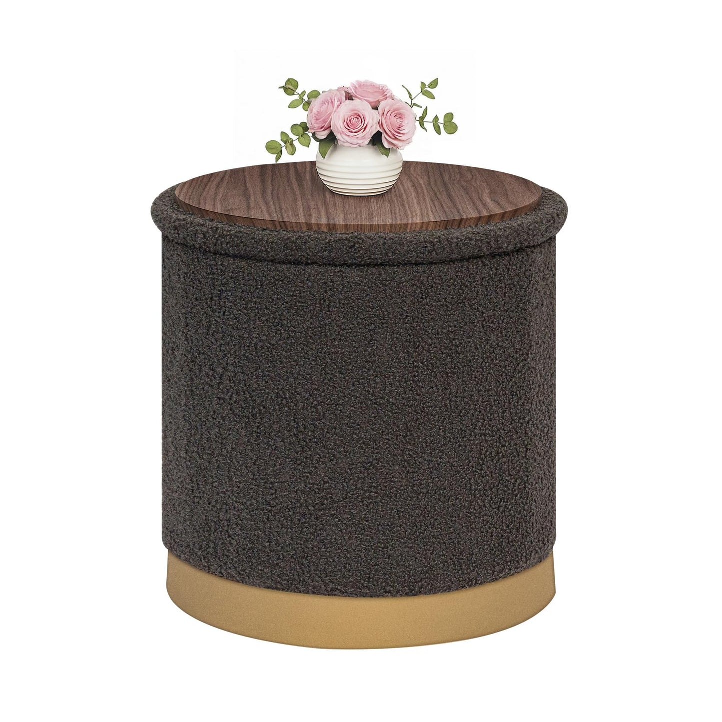 B FSOBEIIALEO Ottoman with Stroage, Round Boucle Storage Ottoman with Gold Plating Base,Foot Rest Stool for Dorm Room, Living Room Dark Grey, 16.73"x16.73"x17.72"