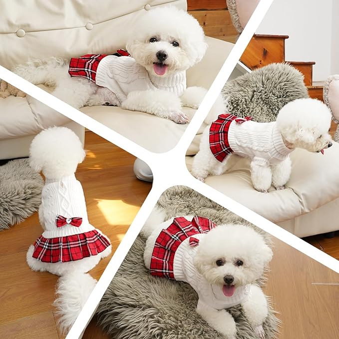 YUDODO 2 Pack Small Dog Sweater Dress with Bowtie Turtleneck - Knitted Pet Girl Dog Winter Clothes - Pet Warm Sweater for Puppy Yorkies, Chihuahua (M Red+White)