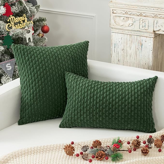 Kevin Textile Christmas Velvet Corduroy Boho Throw Euro Pillow Sham Cushion Cover for Bed 2 Pcs 16 x 16 Inch (40 x 40 cm) Dark Green