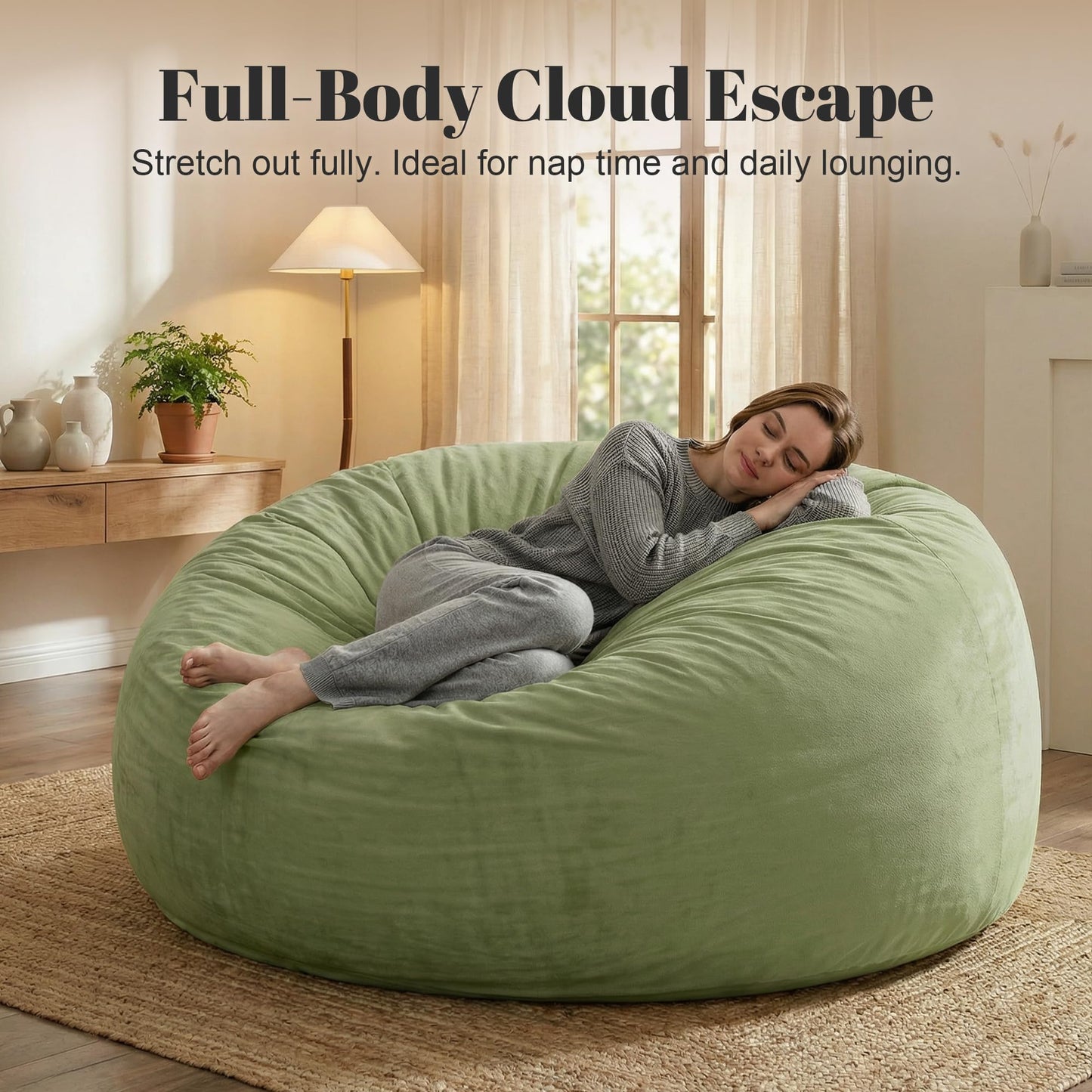 Codi Sage Oversized Bean Bag Chair for Adults, Comfy 5 Ft Beanbag Chairs with Filler Included - Machine Washable & Removable Cover, Premium Shredded Foam