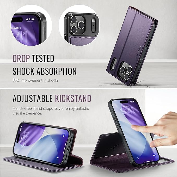 PlusnapX Wallet Case for iPhone 17 Pro Compatible with Magsafe, 2-in-1 PU Leather Flip RFID Blocking Card Holder Stand Shockproof Magnetic Detachable Cover for iPhone 17 Pro Case 6.3", Fashion Purple