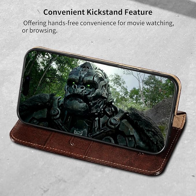 Belemay Leather Wallet Case Compatible with iPhone 17 Pro, Premium Cowhide Leather Two-Tone Effect, RFID Blocking Card Holders, Shockproof TPU Shell, Kickstand, Protective Flip Cover, 6.3", Brown