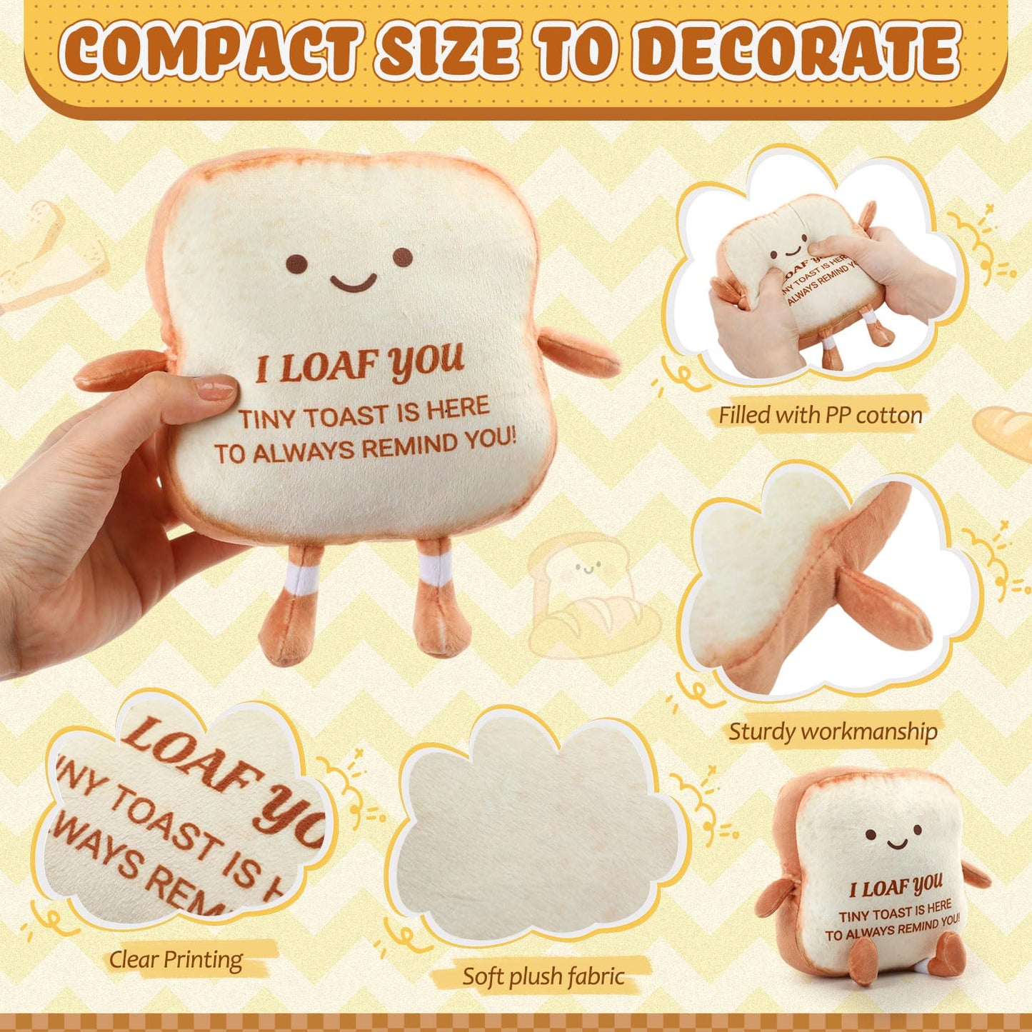 Capoda 7.09" Large Toast Bread Plush Bread Shape Cute Pillow Small Food Sofa Stuffed Doll Toy Gifts for Adults Birthday Gift Home Bedroom Decors(I Loaf You)