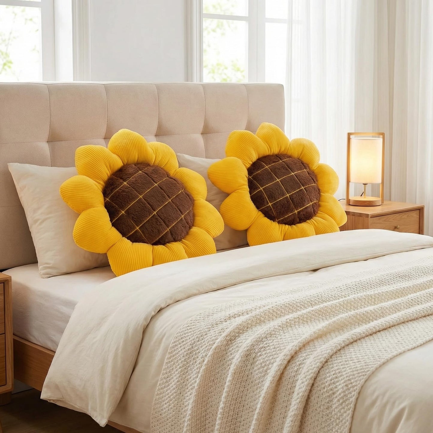 Nmkopzy 2 Pcs Sunflower Throw Pillow for Home Decor, Sunflower Shaped Pillows Large Flower Floor Seating Cushions Chair Pads for Bed Car Couch Office (19 Inch)
