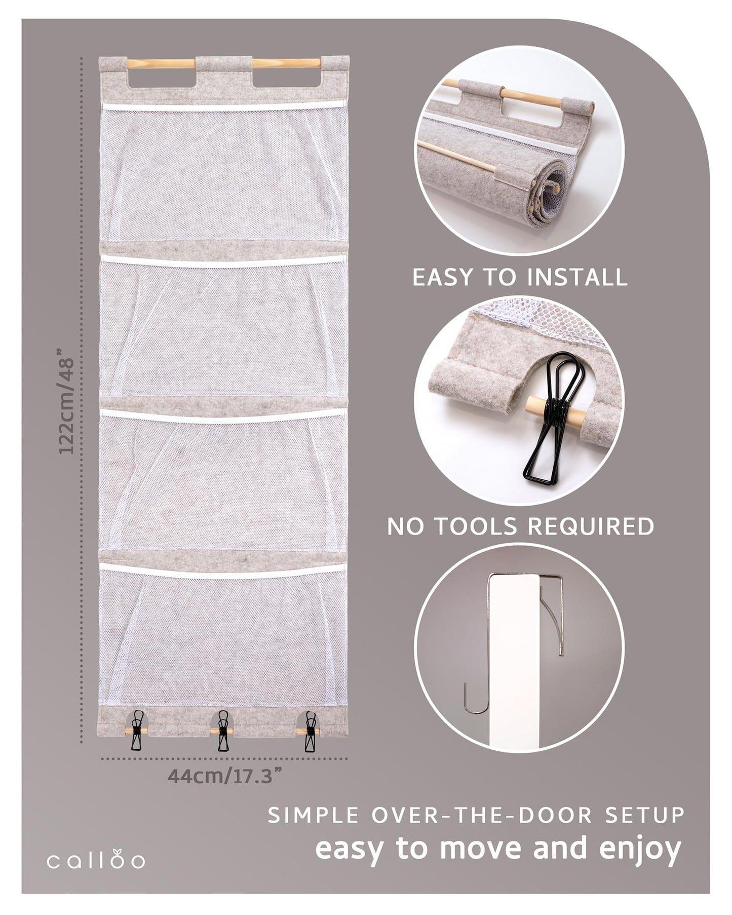 Calloo Over the Door Stuffed Animal Storage for Kids – Felt Organizer with Clips to Display Art and Mesh Pockets for Stuffies, Books and More – Space-Saving Hanging Design that Grows with your Child