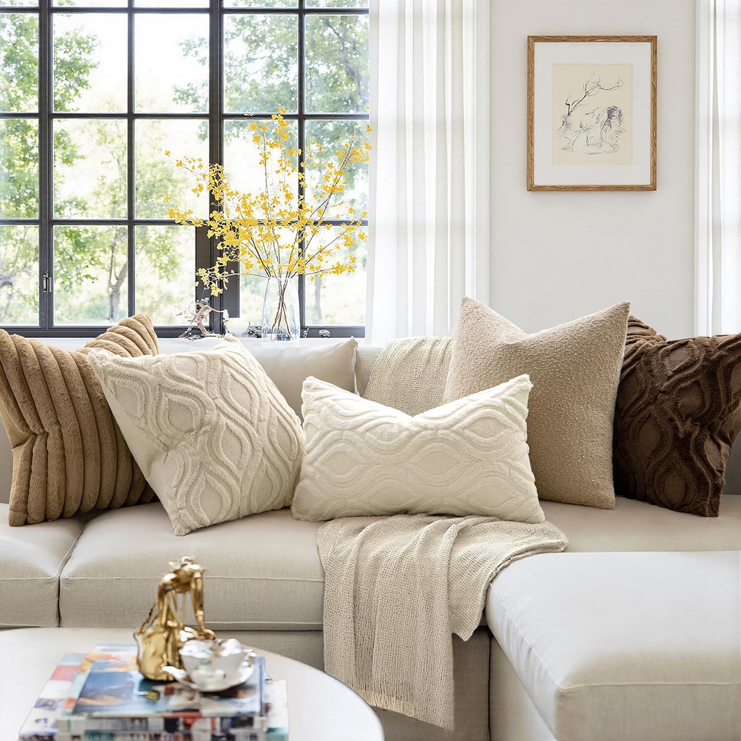 MIULEE Spring Beige Throw Pillow Covers 24x24 Inch, Neutral Soft Plush Faux Wool Solid Couch Pillows Euro Shams Set of 2, Decorative Farmhouse Boho Cushion Covers for Sofa Living Room Bed Home Decor
