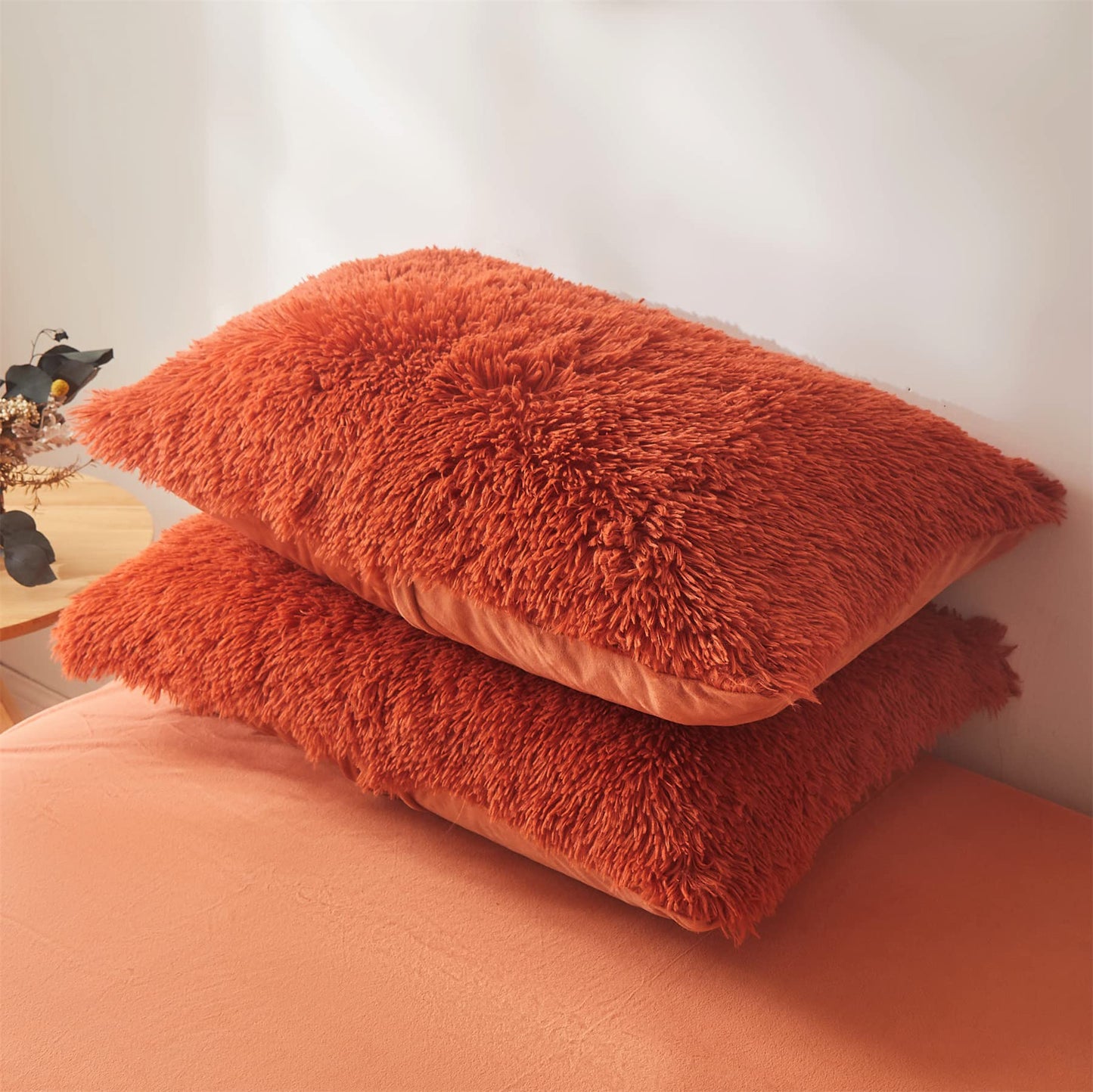 FOPPA Furry Pillow Cases Burnt Orange 26"x20", Faux Fur Shaggy Plush Fuzzy Fluffy Decorative Pillow Covers Set of 2, Standard Velvet Cushion Cover with Zipper for Bedroom Interior