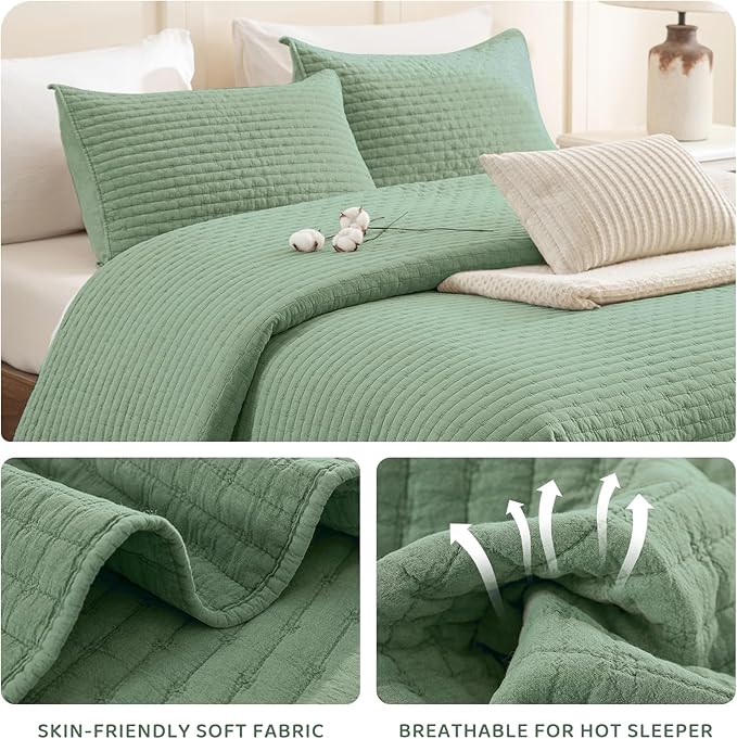 Sanracie Cotton Oversized King Bedspread(128"x120"), Green Ultra Soft Stonewashed Extra Large Wide Oversized Quilt Sets Cross Stitch Lightweight Crinkle Coverlet Set 3Pcs for All Season