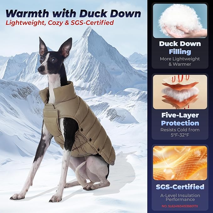 SPACE LION Dog Puffer Jacket, Down Winter Coat, Durable Outdoor Coat for Cold and Windy Conditions, Lightweight & Adjustable Fit Coats for Small Dogs, (Khaki, Size8/XS)