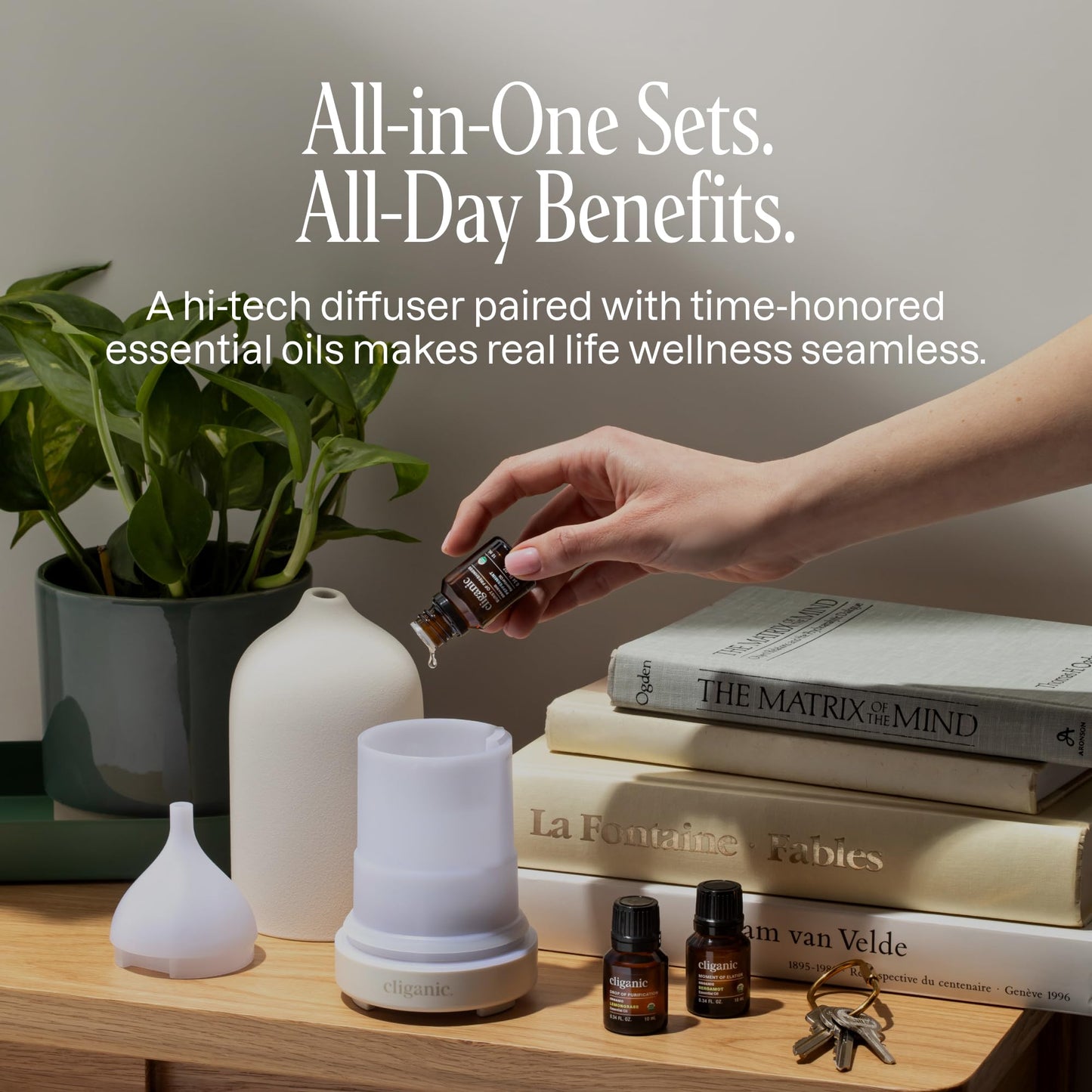 Cliganic Serenity Essential Oils Diffuser Set – Aromatherapy Humidifier with LED for Home, Office & Bedroom Includes Frankincense, Lavender, Grounded & Sleep Essential Oils Christmas Gift Kit