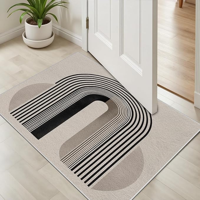 Modern Washable Rug for Living Room 8x10, Boho Abstract Striped Area Rugs, Soft Non Slip Low Pile Farmhouse Carpet for Bedroom Dining Room Kitchen, Stain Resistant, Pet Friendly, Beige Black