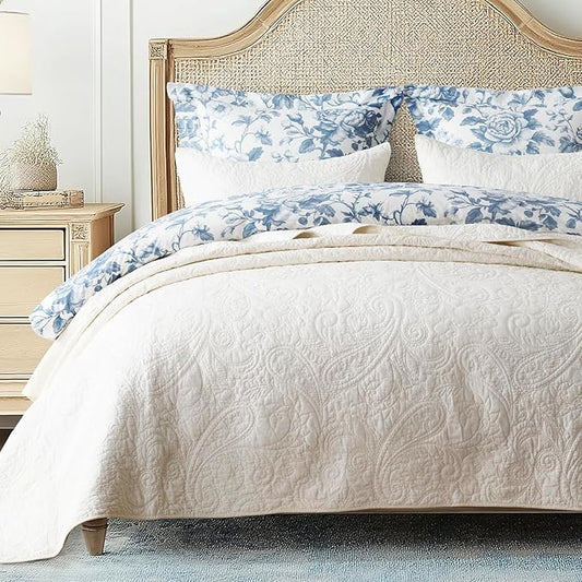 EVERGRACE 100% Cotton Paisley Quilt Set, Queen Size 3 Piece Set – Prewashed Lightweight Bedspread with 2 Shams, Soft & Breathable Matelasse Coverlet for All-Season Comfort, Ivory Cream