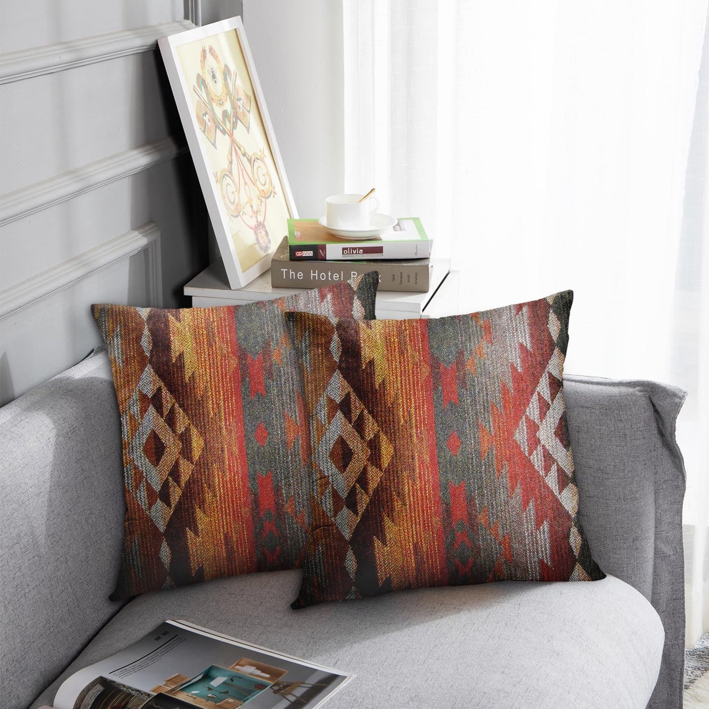 Emvency Set of 2 Aztec Throw Pillow Cover 20x20 Inches Decorative Pillowcase Navajo Orange Red Grey Tribal Decor Rectangle Pillow Cover with Hidden Zipper for Bedroom Sofa