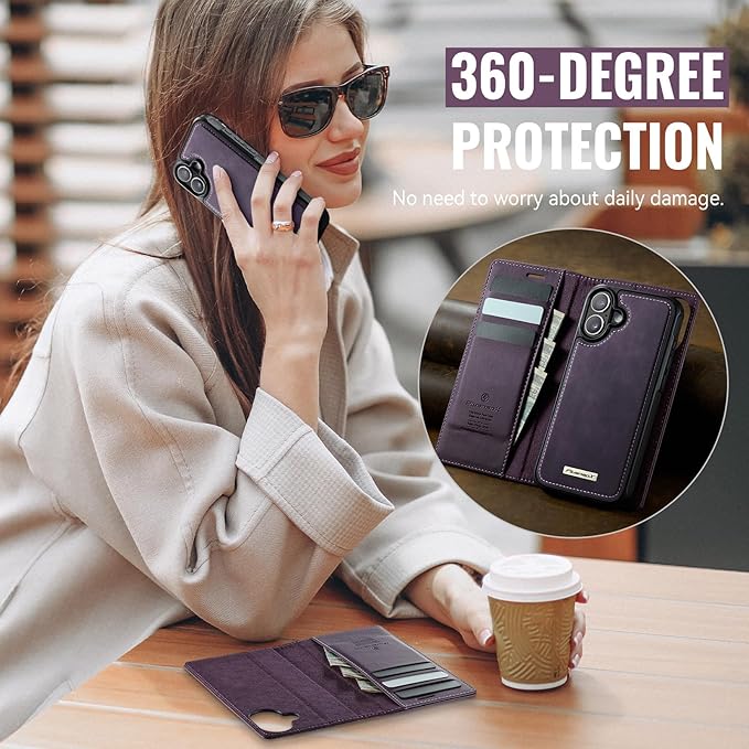 PlusnapX Wallet Case for iPhone 17 Compatible with Magsafe, 2-in-1 PU Leather Flip RFID Blocking Card Holder Stand Shockproof Magnetic Detachable Cover for iPhone 17 Case 6.3", Retro Purple