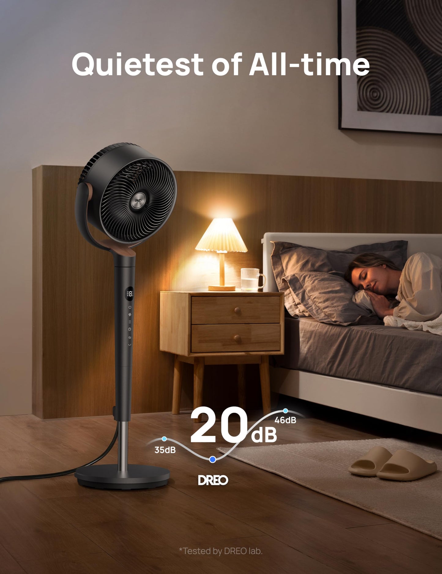 DREO Fan for Bedroom, 120° Oscillating Standing Fans, Quiet Floor Fan with DC Motor, 100ft Pedestal Fans for Room, 9 Speeds, 4 modes, 20dB, 120° Manual Vertical, 37-42" Adjustable Height, 8H Timer