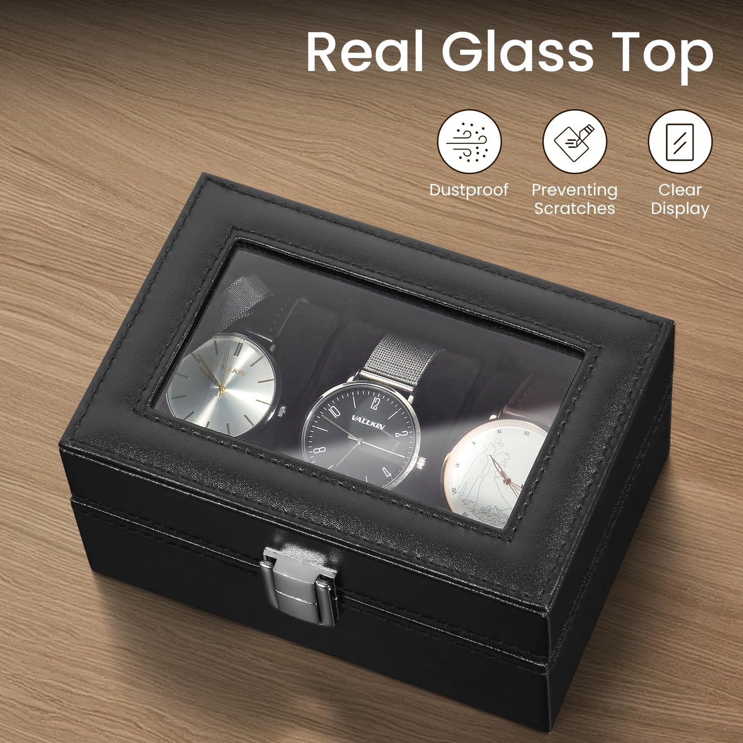 Uten 3-Slot Watch Box, PU Leather Watch Case with Glass Lid, Watch Holder Organizer with Soft Pillow and Velvet Lining, Watch and Jewelry Storage Box, Black