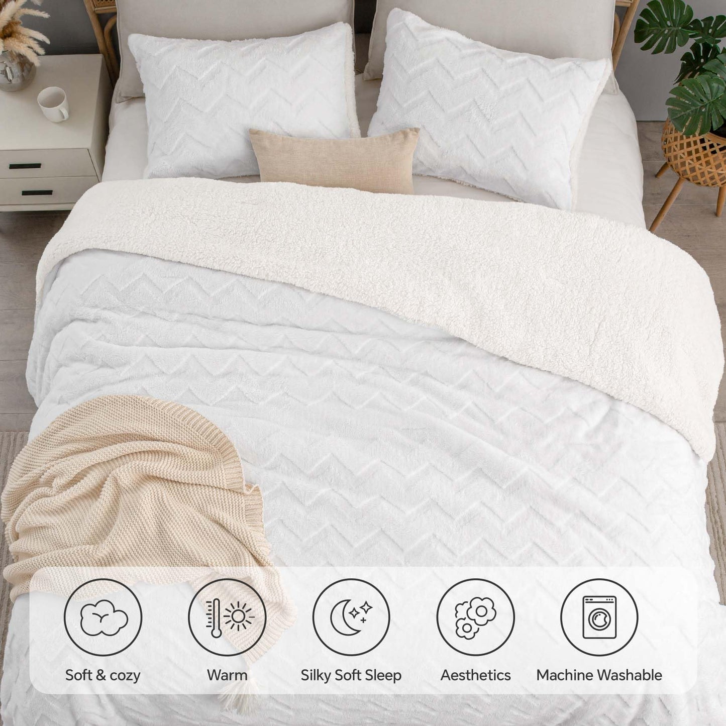 BEDELITE Fluffy Queen Comforter Set - Super Soft Sherpa White Comforter for Queen Size Bed, Luxury Warm Bedding Set for Winter, Fuzzy Bed Set 3 Pieces (1 Comforter, 2 Pillowcases)