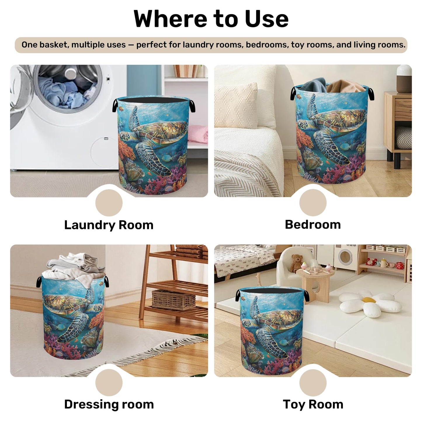 Sea Turtle Foldable Canvas Laundry Basket with Handles - Storage Organizer, Heavy Duty for Home，Bedroom, Dorm, Bathroom