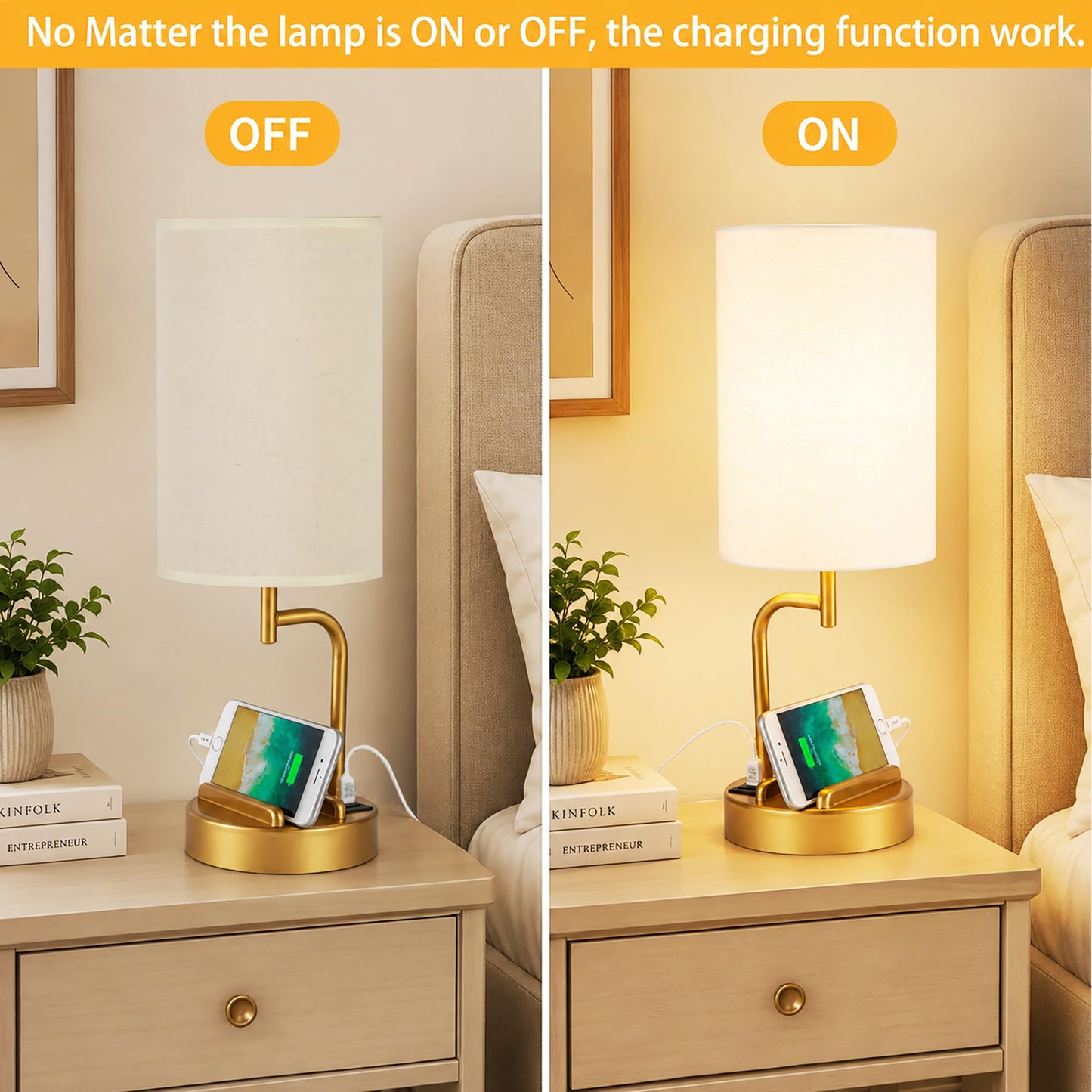 Dreamholder Touch Control USB Table Lamp with USB C/A & AC Outlet, 3-Way Dimmable Bedside Lamp, Modern Nightstand Lamps for Bedroom Living Room Guest Room Office, Bulb Included, Gold