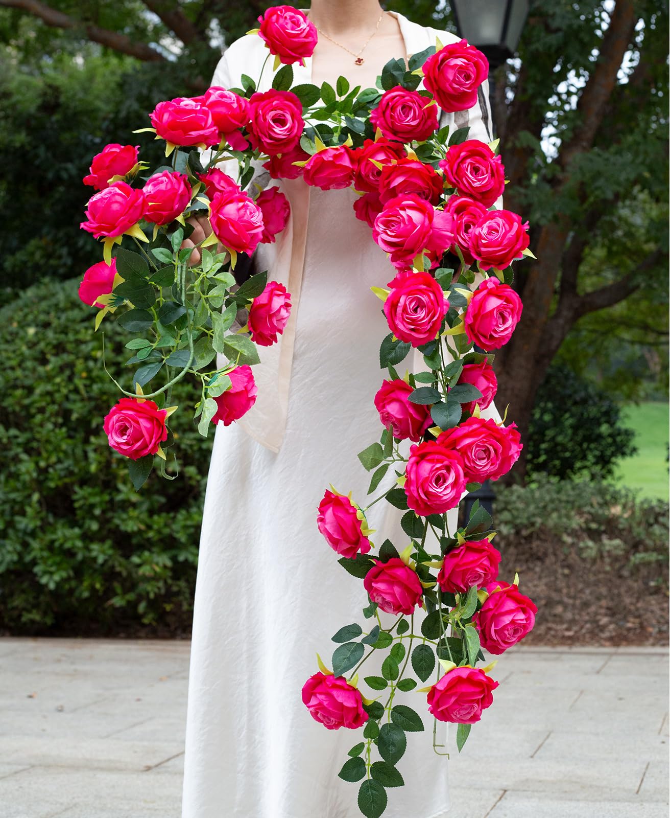 zhixinyue Bendable Artificial Flower Garland Faux Rose Vine Hanging Floral Garland for Wall Decor Trellis Fence Home Room Garden Wedding Decoration(Fuchsia, 2pcs)