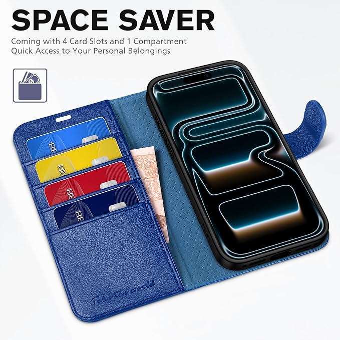 TUCCH Case Wallet for iPhone 17 Pro (6.3") 2025, Stand | RFID Blocking | 4 Card Slots | PU Leather | Magnetic Closure Folio Protective Cover | TPU Shockproof Inner Shell | Klein Blue