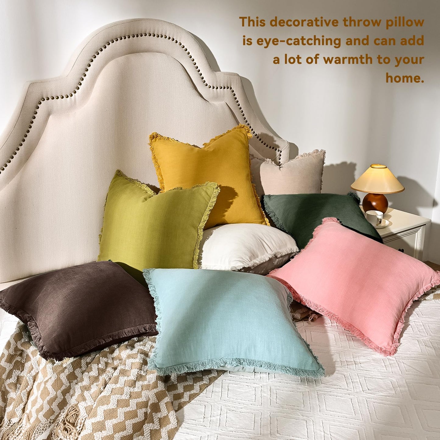 AmHoo Pack of 2 Linen Pillow Covers with Tassels Fringed Decorative Rustic Natural Throw Pillowcase Cushion for Couch Sofa Bedroom 18 x 18-Inch Beige