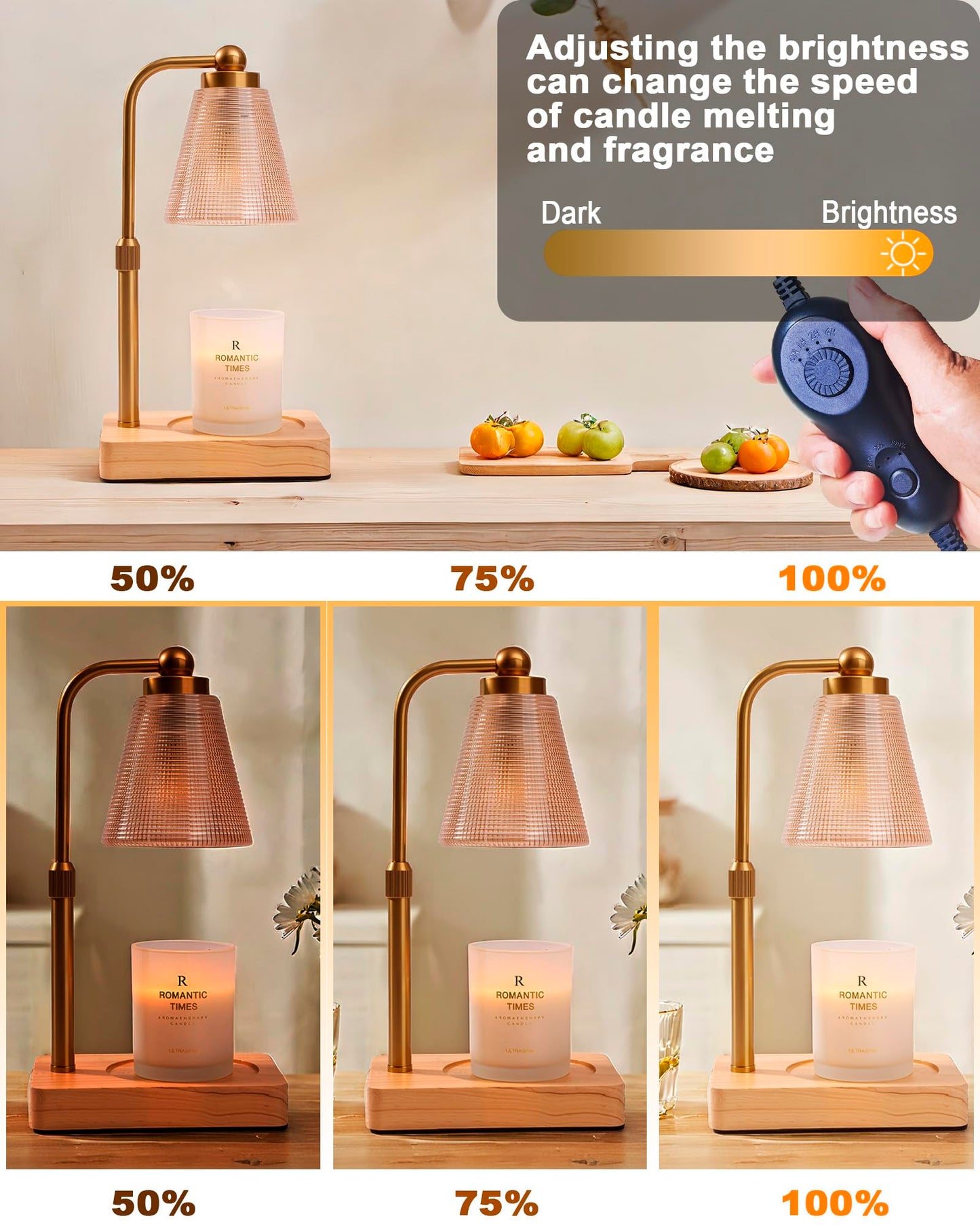 HONGZZI Candle Warmer Lamp with Timer - Adjustable Height & Brightness - Wood Base Glass Shade - 2 Bulbs Included(Square Gold)