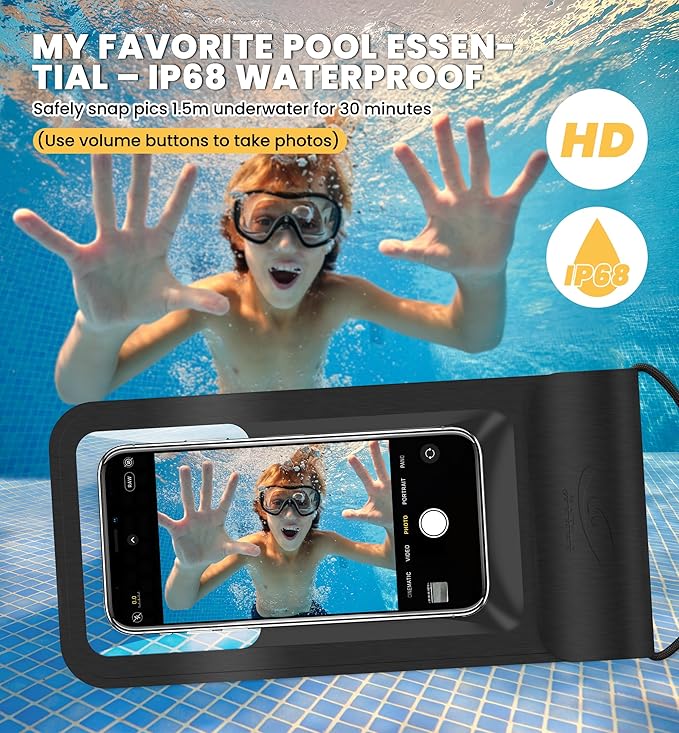 HiRui Universal Waterproof Phone Pouch with Touch Screen, IP68 Waterproof Phone Case Dry Bag for Beach, Compatible with iPhone 16/15/14/13/12/XR/SE, Samsung Galaxy, Fits up to 6.1" (Black, Large)