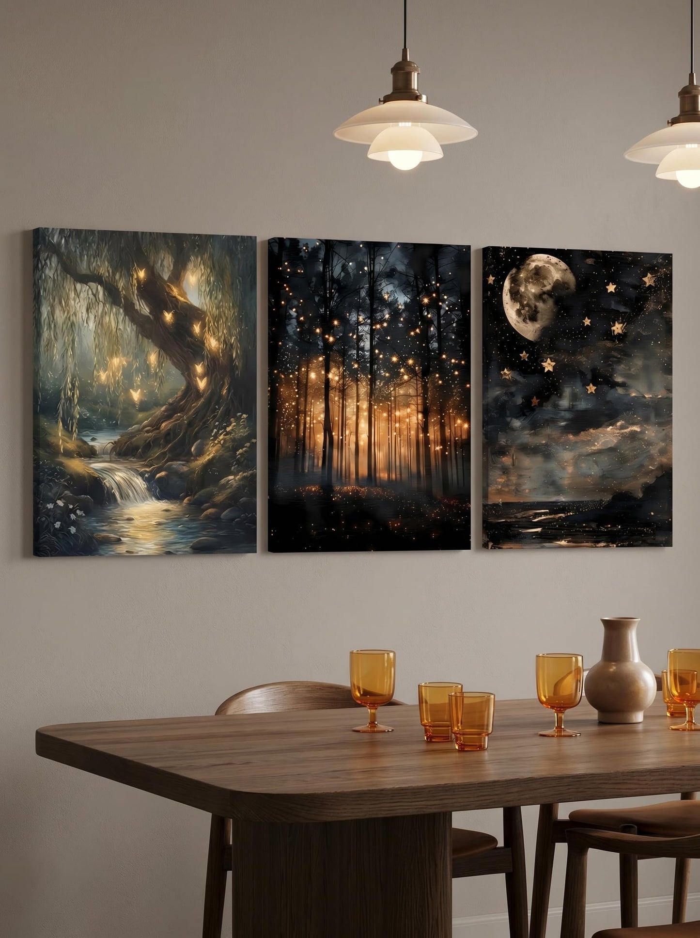 RYZopmuy Enchanted Forest Firefly Wall Art Set 3 Framed Moon Canvas Prints