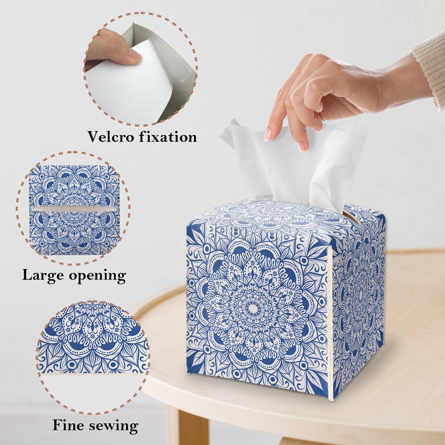 Boho Mandala Flower Tissue Box Cover Square, Blue and White Leather Tissue Box Holder with Bottom Belt, Boho Home Decoration for Bathroom Vanity Countertop, Nightstands, Dining Table, Office, Car -28