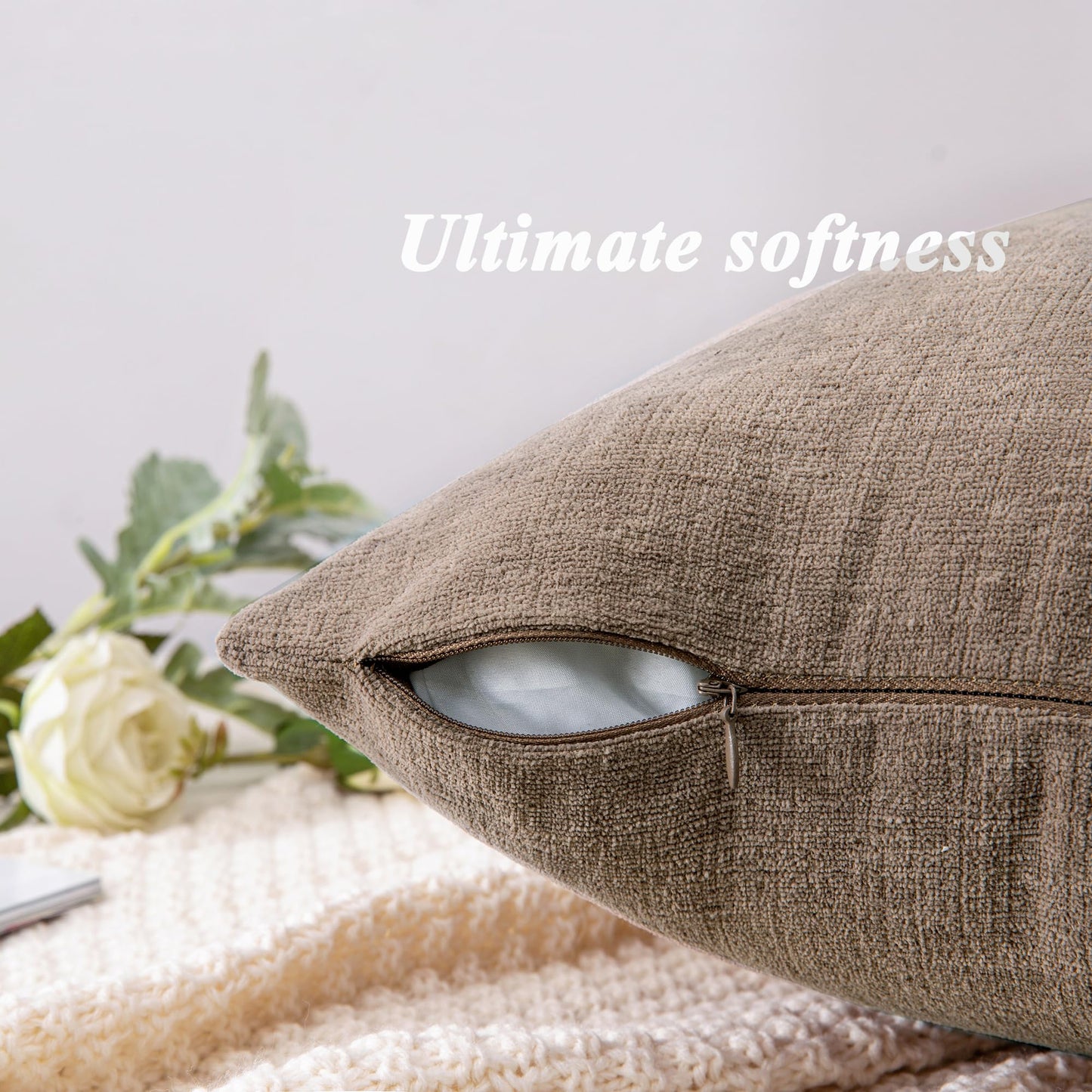 GAWAMAY Decorative Throw Pillow Covers 16x16 Inch Set of 2, Super Soft Chenille Square Pillows Farmhouse Fall Pillowcase for Living Room Bedroom Sofa Couch Cushion Cover Taupe Grey 40x40cm