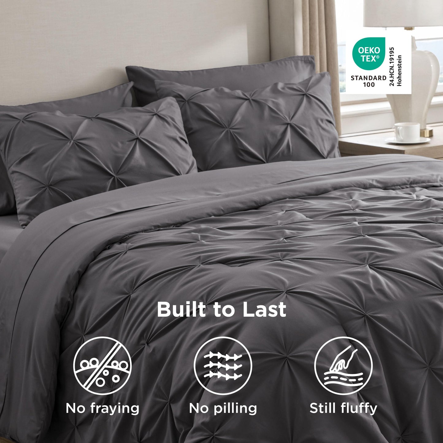 Bedsure Queen Comforter Set Dark Grey - Bed in a Bag Queen Size Bedding 7 Pieces, GentleSoft™ Pintuck Bed Set Gift for Family, All Season Down Alternative Comforter with Sheets, Pillowcases & Shams