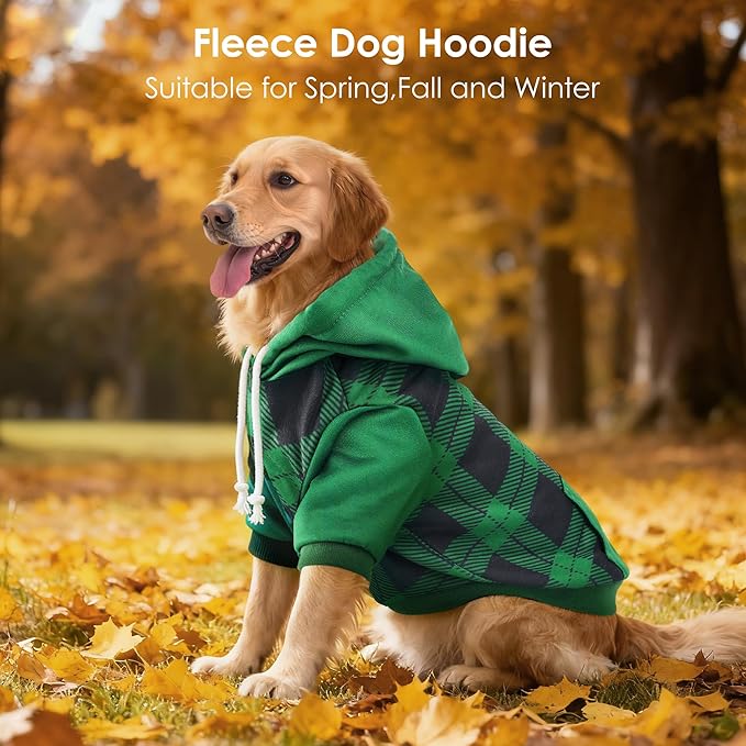BAOBICUTE Dog Basic Hoodie Soft Dog Clothes Cold Weather Sweaters for Medium Large Dogs Cozy Fabric Warm Sweatshirt with Leash Hole (Green Plaid, S (Back: 12.6",Chest:18.11", Neck: 13.78"))