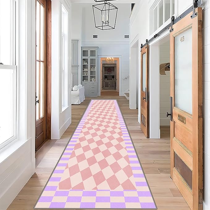 Pink Checkered Long Hallway Rug Runners, 2.6x10ft, Cute Girly Purple Geometric Design Bedroom Carpets for Girls, Fade Resistant Durable Pet Friendly Easy Clean Carpet for Indoor Porch