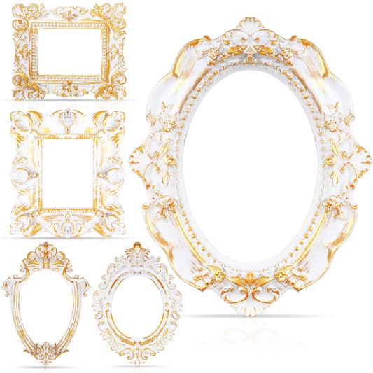 Yalikop 5 Pcs 4.9 x 4 Small Vintage White Gold Frames for Craft DIY Decoration, Mini Ornate Resin Photo Frames Bulk for Refrigerator Wedding Christmas Jewelry Display Photo Holiday Party Invitation