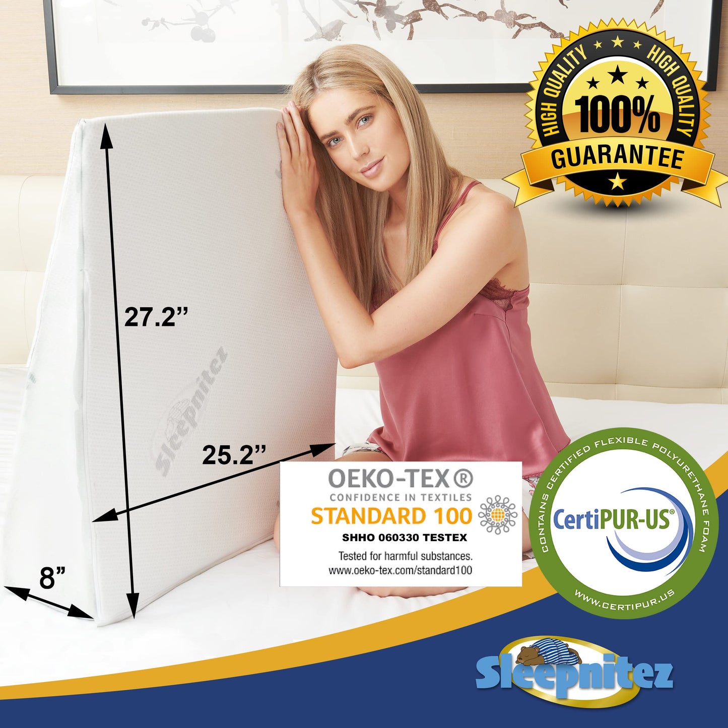 Sleepnitez Fsa Eligible 8" Bed Wedge Pillow – Memory Foam Wedge for Sleeping, Acid Reflux Pillow for Snoring, GERD, Pregnancy, Sleep Apnea, Reading – Soft Luxurious 3.25" Memory Foam Top Layer