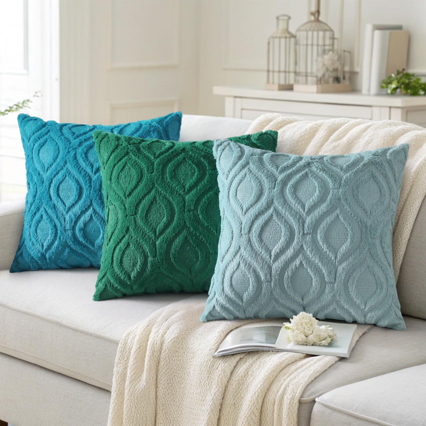 decorUhome Throw Pillow Covers 12x20 Inch Set of 2, Soft Plush Faux Wool Teal Solid Couch Pillow Covers, Accent Farmhouse Neutral Rectangle Pillow Cases for Sofa Bed Living Room