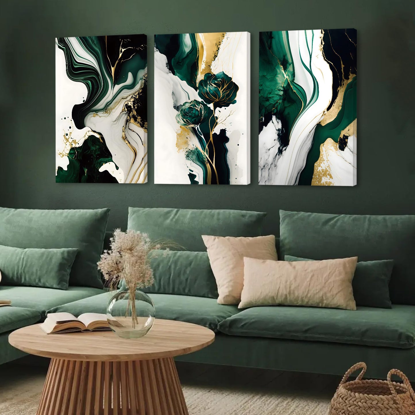 EJPFOGV Large Framed Abstract Wall Art Set of 3, Green and Gold Marble Texture with Floral Motif, Easy to Hang & Fade Resistant Art Prints, Wall Decor for Bedroom, Living Room, Home Office, 20x30 Inch