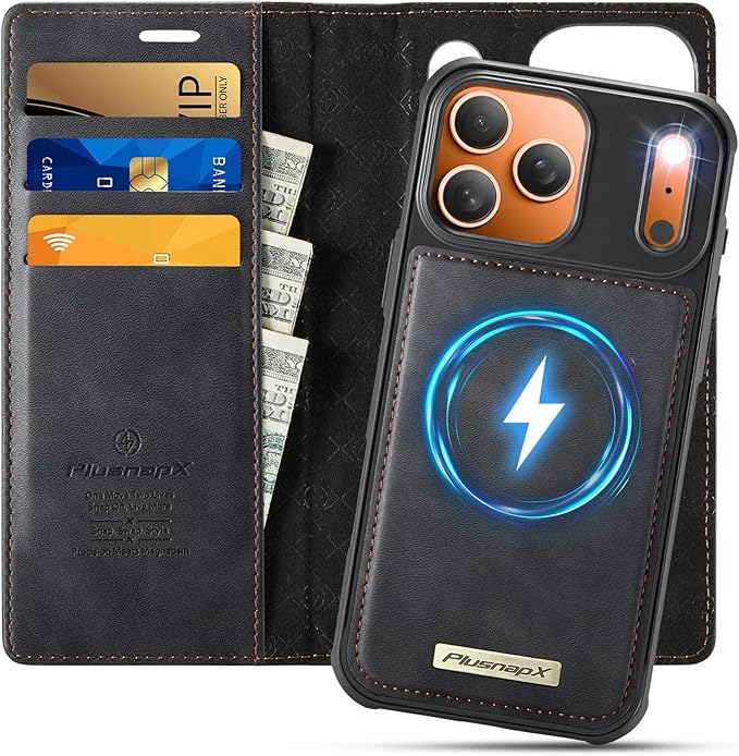 PlusnapX Wallet Case for iPhone 17 Pro Max Compatible with Magsafe, 2-in-1 PU Leather Flip RFID Blocking Card Holder Stand Shockproof Magnetic Detachable Cover for iPhone 17 Pro Max Case 6.9", Black