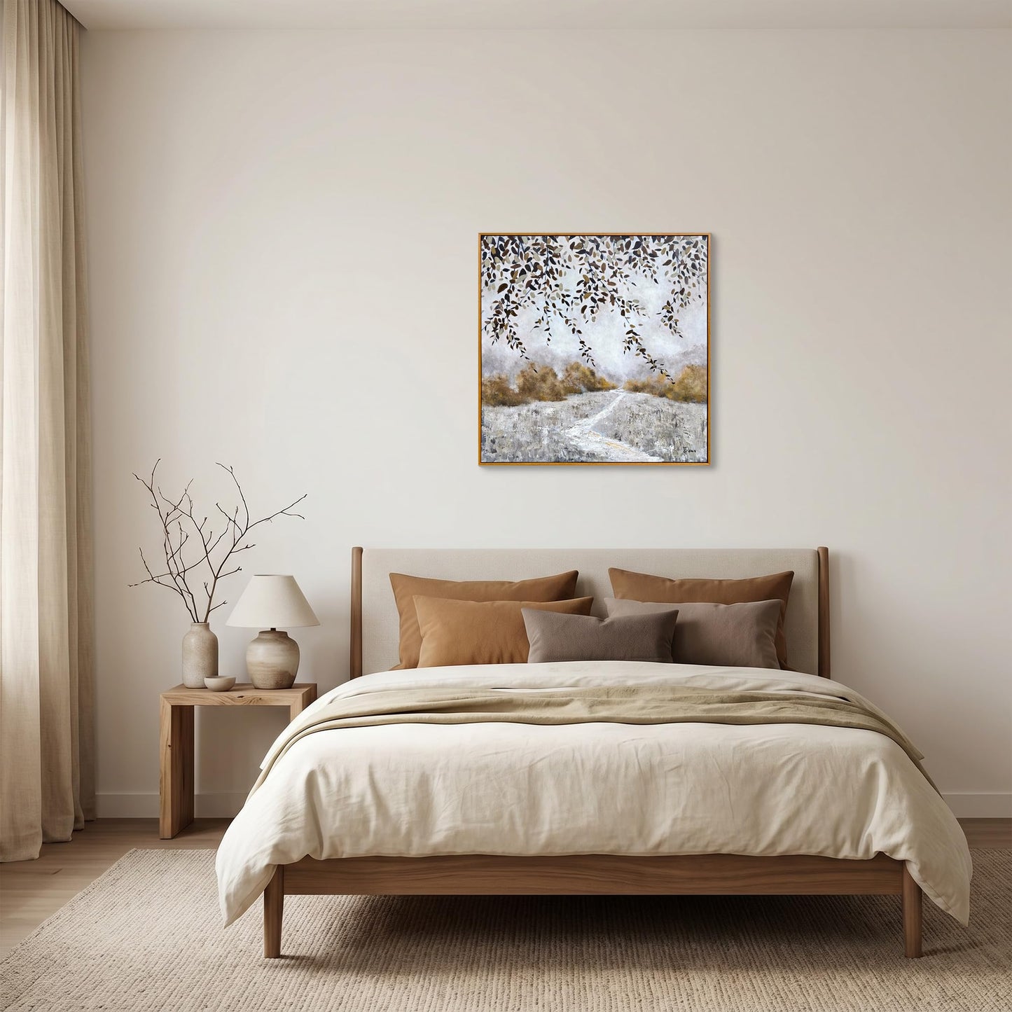 Eonzeun 32x32 Inch Square Framed Textured Canvas Wall Art, Modern Neutral Wabi-Sabi Abstract Landscape Painting for Living Room, Bedroom