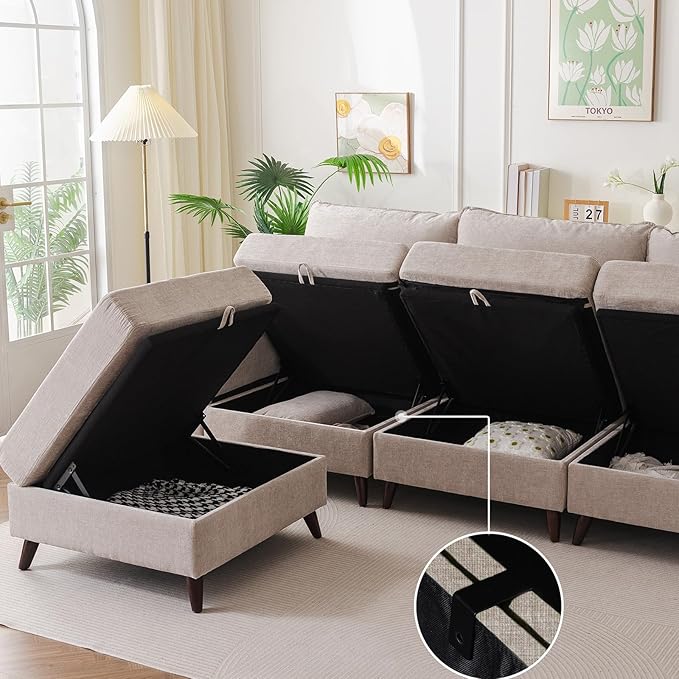 135'' Modular Sectional Sofa with Seats Storage, Oversized U Shaped Couch for Living Room,4-Seater Comfy Cloud Couches with Deep Seat,Movable Ottoman,2 Throw Pillow,Chenille,Khaki