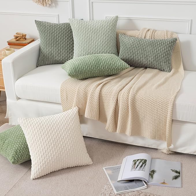 Kevin Textile Throw Pillow Covers Soft Corduroy Decorative Set of 2 Boho Striped Pillow Covers Pillowcases Farmhouse Home Decor for Couch Bed Sofa Living Room 20x20 Inch Greyish Green