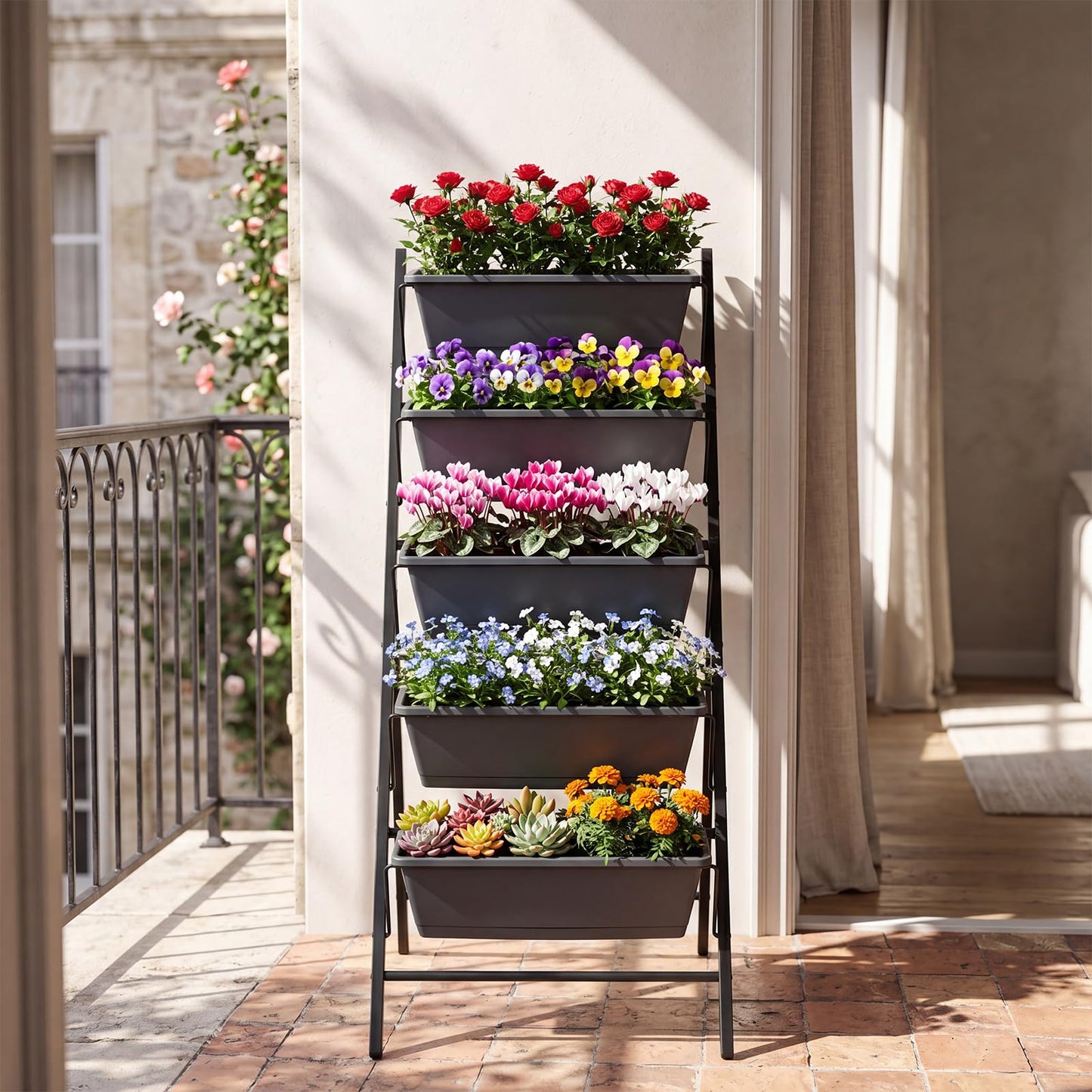 Giantex 5 Tier Vertical Planter Set of 2, Raised Garden Bed with Drainage Holes & Removable Trays, Metal Frame Elevated Planter Boxes for Herbs Vegetables Flowers, Indoor Outdoor Patio Balcony