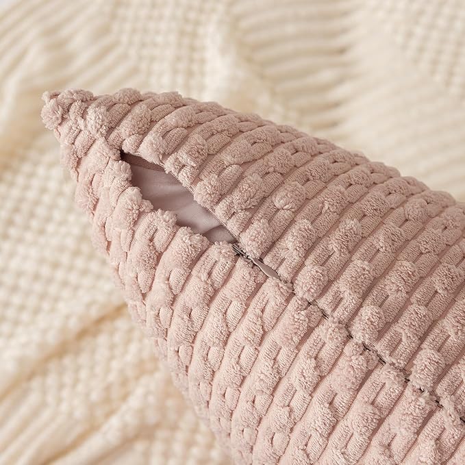 Kevin Textile Pack of 2 Corduroy Decorative Throw Pillow Covers 18x18 Inch Soft Boho Striped Pillow Covers Modern Home Decor Valentines Day Gifts for Spring Sofa Living Room Couch Bed Light Pink