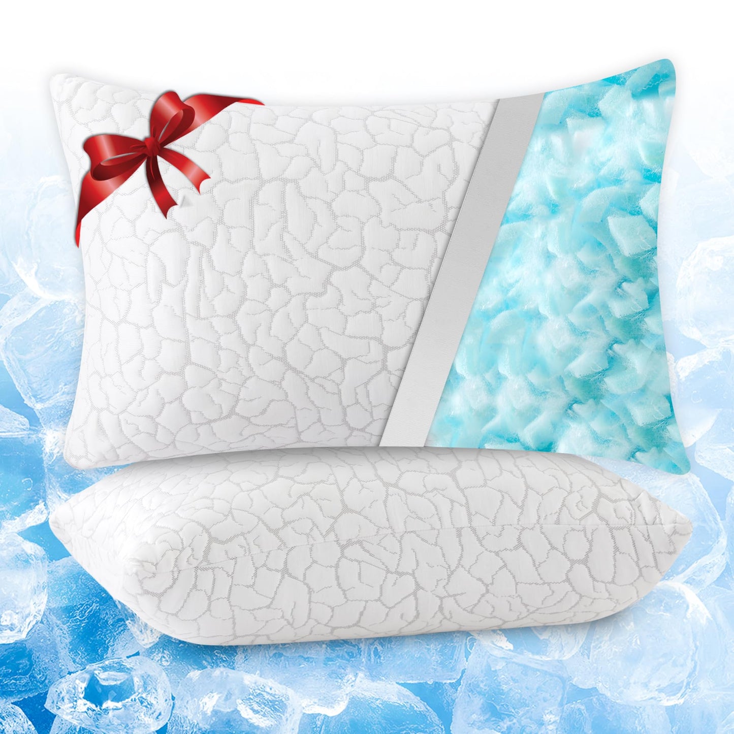 WGAKCED Cooling Pillows for Sleeping 2 Pack, Adjustable Shredded Memory Foam Pillows Queen Size Set of 2, Firm Bed Pillows for Side Back Stomach Hot Sleepers, Cold Pillow with Removable Washable Cover