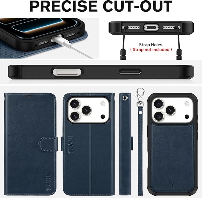 TUCCH 2-in-1 Detachable Wallet Case for iPhone 17 Pro (6.3-inch) 2025, RFID Blocking | 4 Card Holders | Wireless Charging | Wrist Strap | Kickstand | Magnetic | PU Leather Protective Cover | Dark Blue