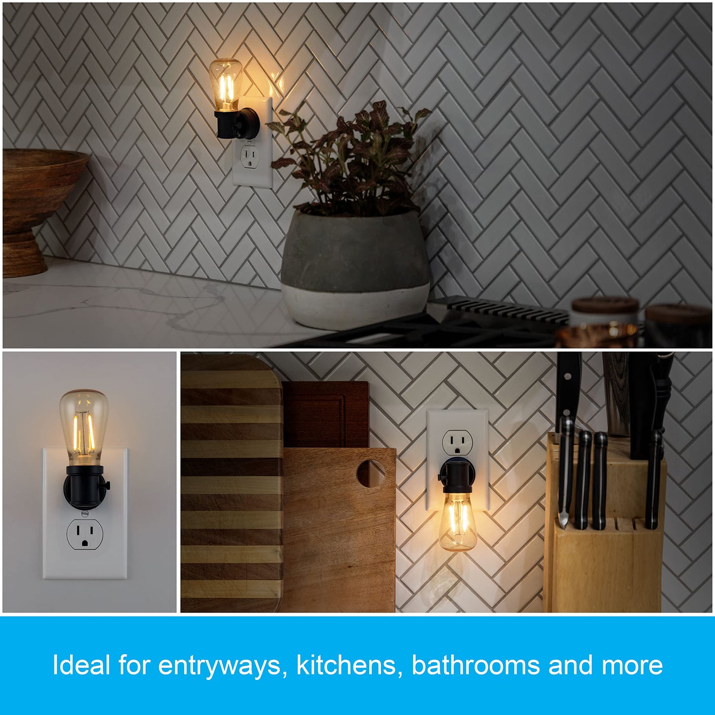 GE Vintage LED Edison Night Lights Plug Into Wall, 2-Pack, Dusk to Dawn Auto Sensor, Warm White, Adjustable Brightness Plug in Nightlight with Manual On/Off/High/Low Switch, Perfect for Adults