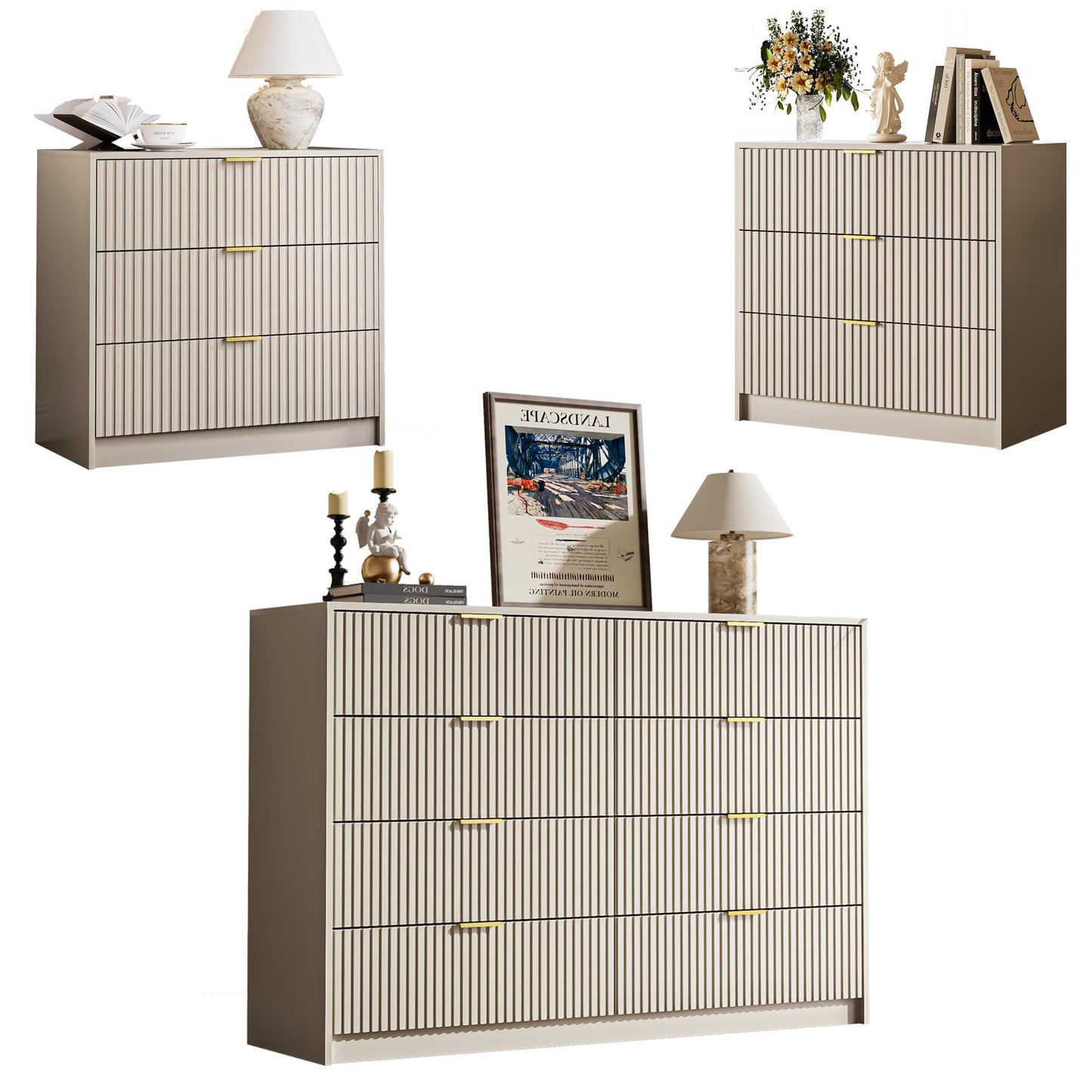 MAISONARIA 3-Piece Dresser Bedroom Set, 8 Drawer Dresser & 3 Drawer Nightstands with Gold Handles, Fluted Wood Chest of Drawers for Bedroom, Living Room, Entryway, Beige