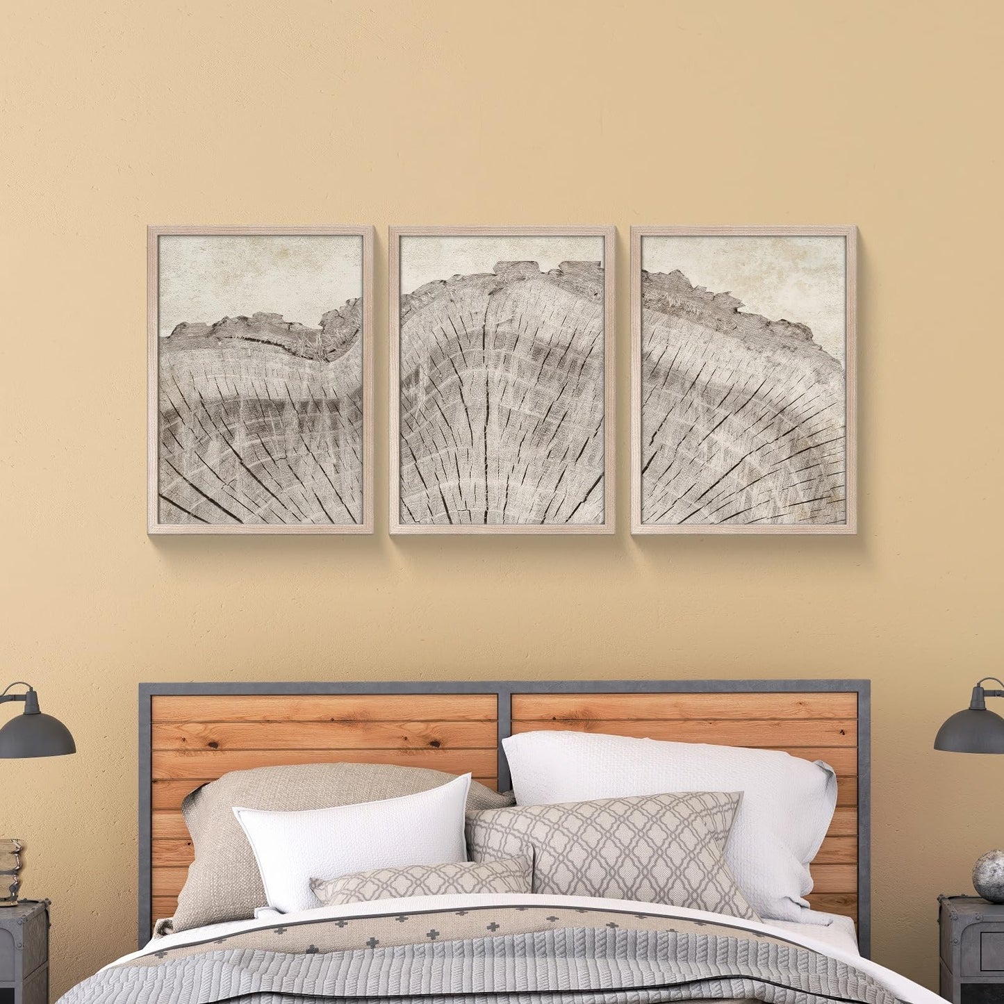 Framed Tree Ring Canvas Wall Art Set of 3, Rustic Nature Inspired Prints, Ready to Hang Artwork for Living Room Bedroom Bathroom, 12x16 Inch